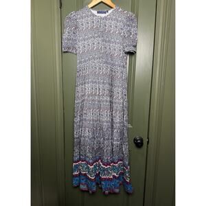 NWT Ro's Garden Daphne Midi Floral Eyelet Hem Cottage Boho Dress Blue Aix XS